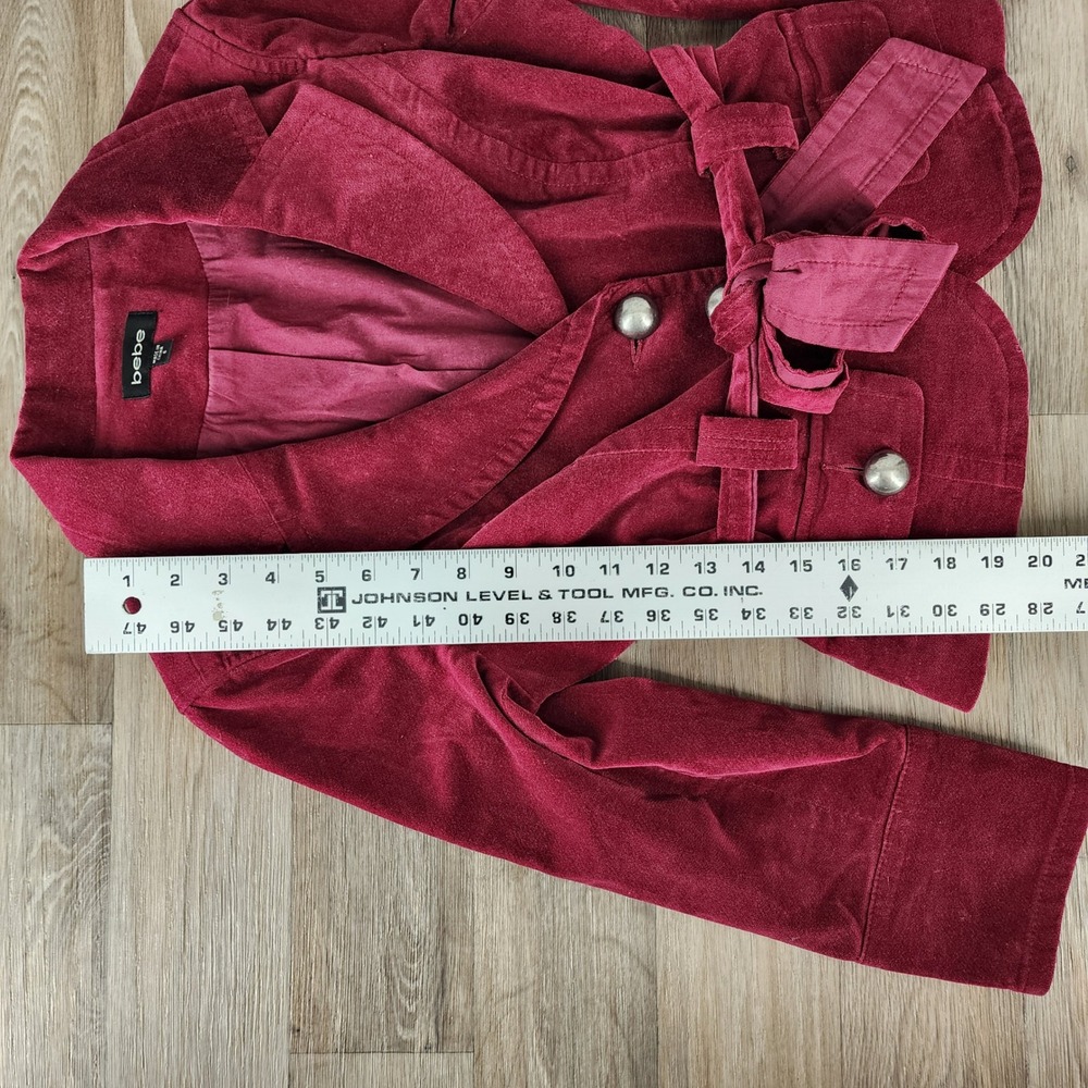 Bebe Womens Burgundy Velvet Belted Blazer Jacket Size 6 Red Wine Silver Buttons - Picture 7 of 8